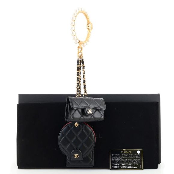 Chanel Pearl Crown CC Multi Pouches Wristlet Quilted Lambskin Black - Picture 2 of 7